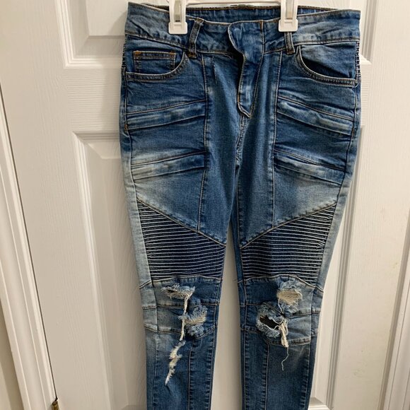 Balmain Paris Women's Blue Denim Distressed Ankle Zip Skinny Jeans - Picture 1 of 15